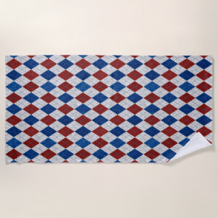Red, White, Blue Argyle July 4 Glitter Beach Towel