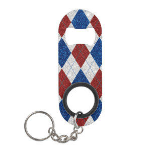 Red, White, Blue Argyle July 4 Glitter Keychain Bottle Opener