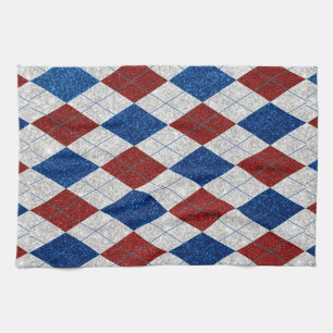 Red, White, Blue Argyle July 4 Glitter Kitchen Towel