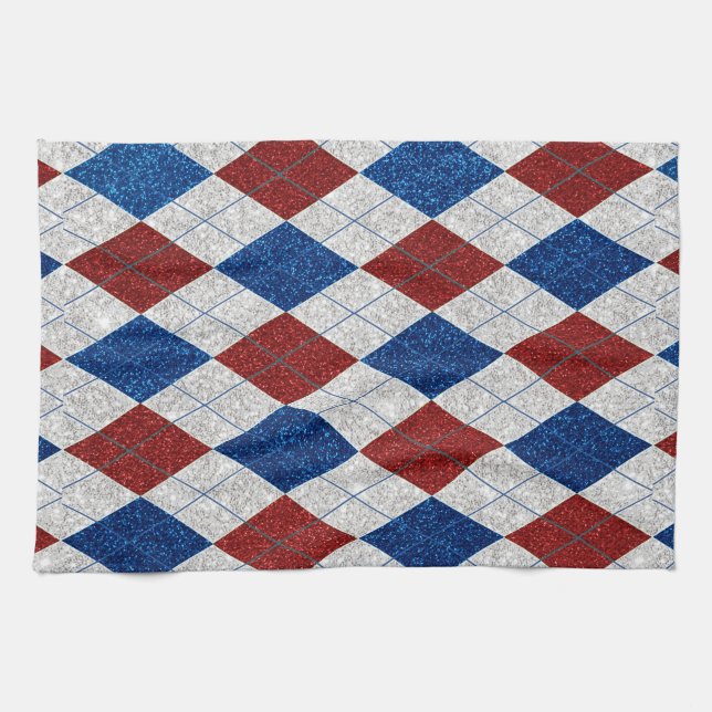 Red, White, Blue Argyle July 4 Glitter Kitchen Towel (Horizontal)