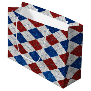 Red, White, Blue Argyle July 4 Glitter Large Gift Bag