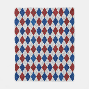 Red, White, Blue Argyle July 4 Glitter Picnic Fleece Blanket