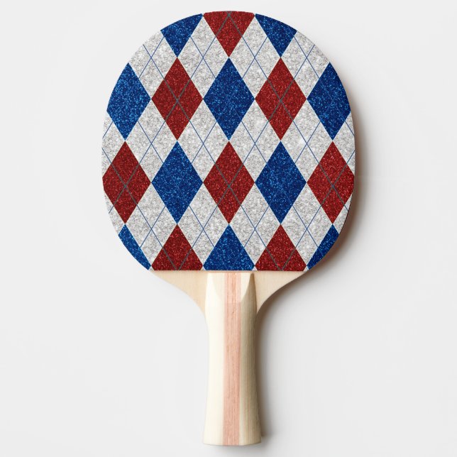 Red, White, Blue Argyle July 4 Glitter Ping Pong Paddle (Front)