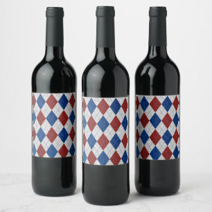 Red, White, Blue Argyle July 4 Glitter Wine Label