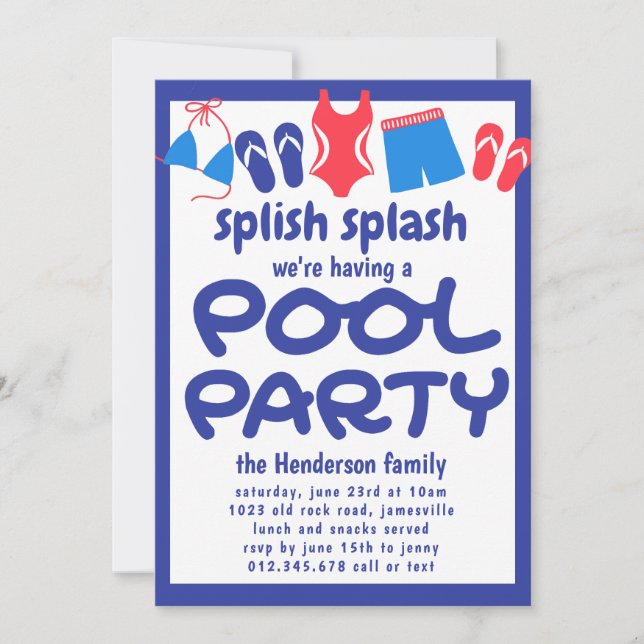 Red White Blue Backyard Pool Party Invitation (Front)