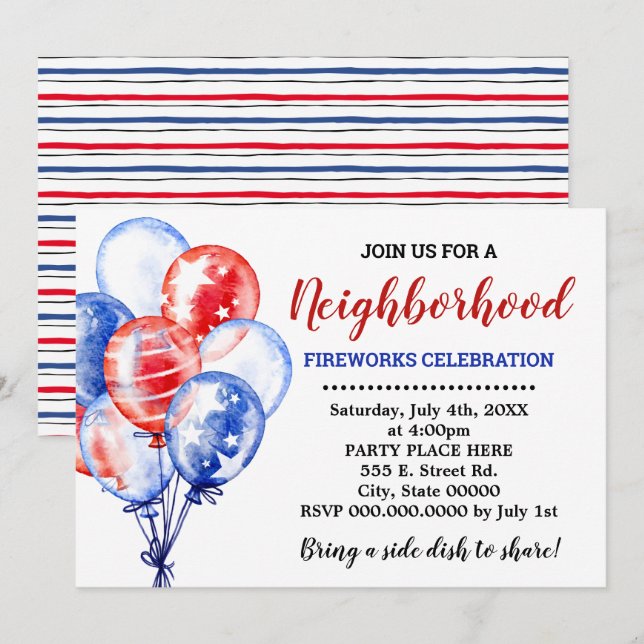 Red White & Blue Balloons Neighbourhood Party Invitation (Front/Back)