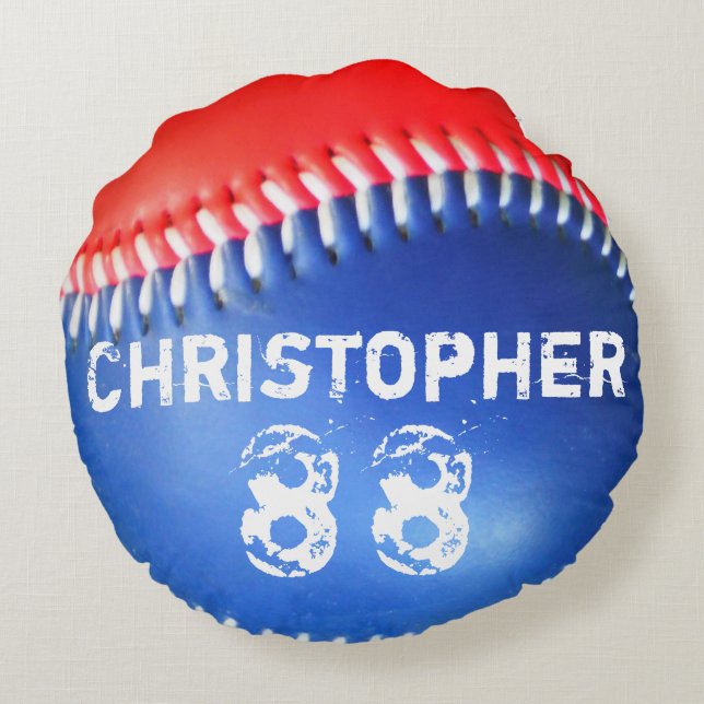 Red White  Blue Baseball Pillow name number (Back)