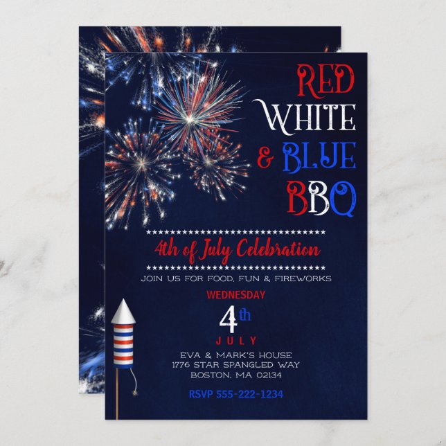 Red White Blue BBQ 4th July Invitation (Front/Back)