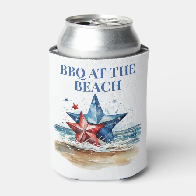 Red White Blue BBQ at the Beach Can Cooler (Can Front)