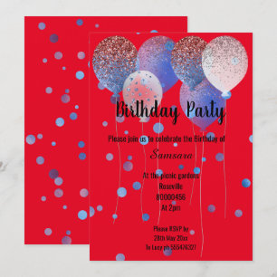 RED WHITE & BLUE BIRTHDAY BALLOON WHITE SPOT INVITATION