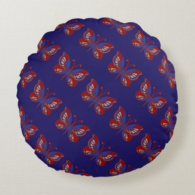Red White Blue Butterfly-Blue Round Pillow (Front)