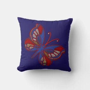 Red White Blue Butterfly-Blue Sq Throw Pillow