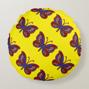 Red White Blue Butterfly-Yellow Round Pillow