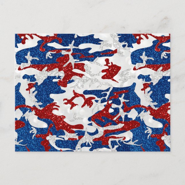 Red, White & Blue Camo July 4th Glitter Postcard (Front)