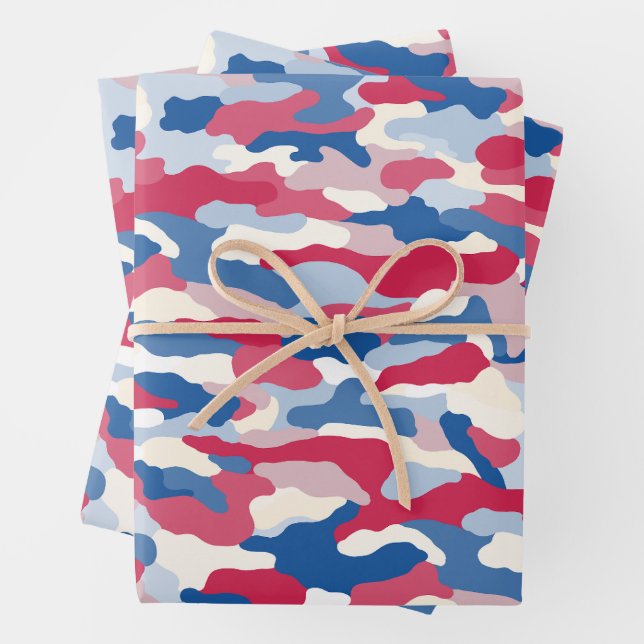 Red White & Blue Camouflage Wrapping Paper Sheet (In situ)