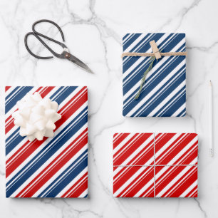 Red White & Blue Candy Cane Stripe Holiday Wrapping Paper Sheet