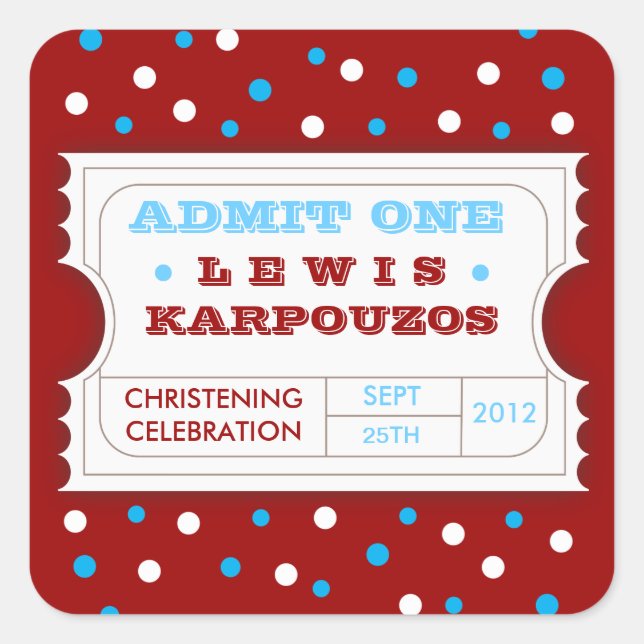 Red White Blue Carnival Admit One Favour Sticker (Front)