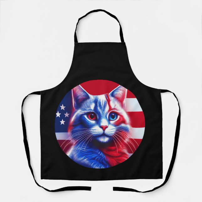 Red White & Blue Cat With American Flag Background Apron (Front)