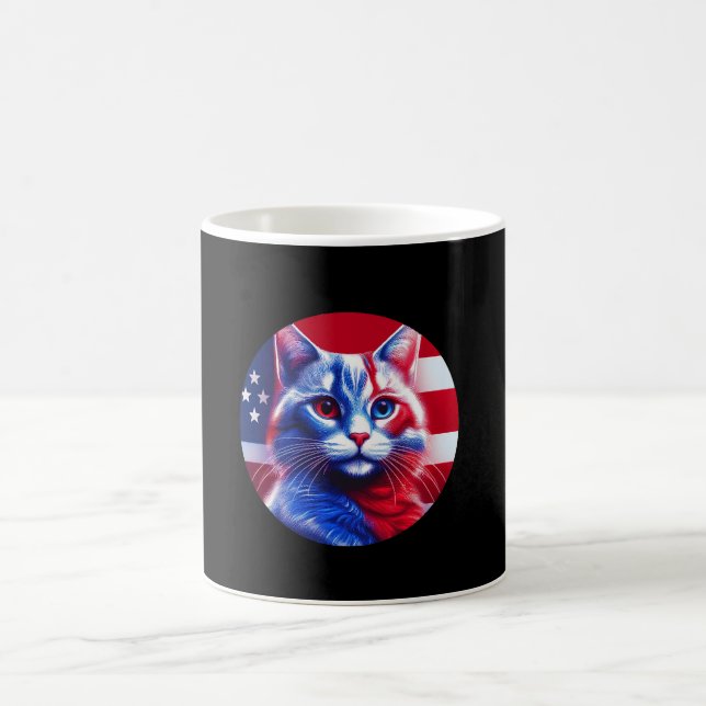 Red White & Blue Cat With American Flag Background Coffee Mug (Center)