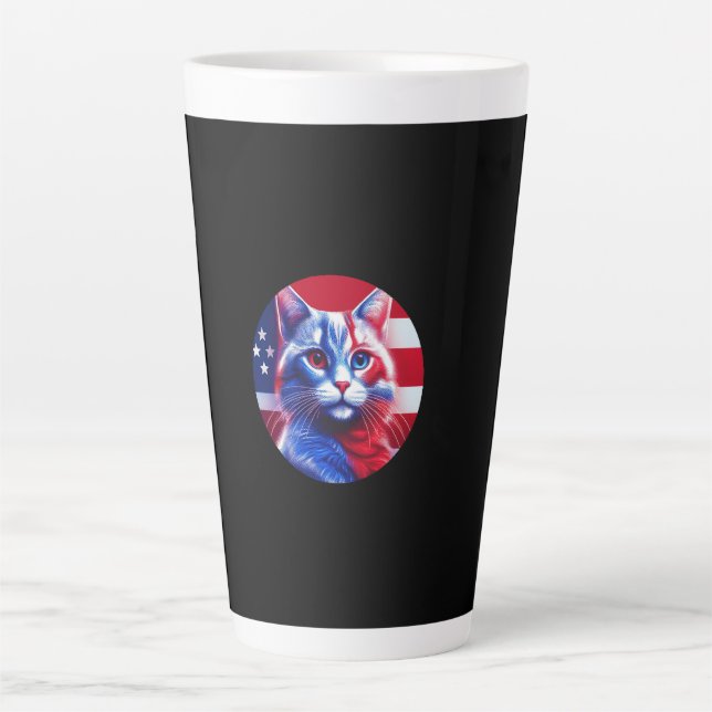 Red White & Blue Cat With American Flag Background Latte Mug (Front)
