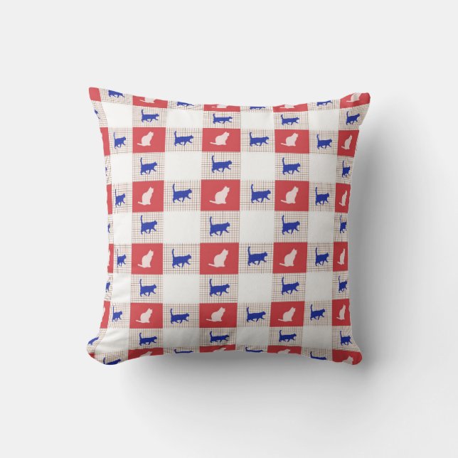 Red, White & Blue Chequerboard Cat Pattern Throw Pillow (Front)