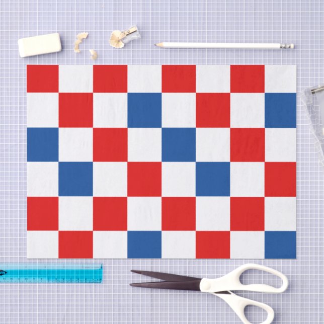 Red White Blue Chequered Pattern Design  Tissue Paper (Craft)