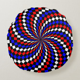 Red White Blue Chequered Spiral by Kenneth Yoncich Round Pillow