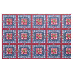 Red White Blue Cherries Gingham Patchwork Quilt Fabric