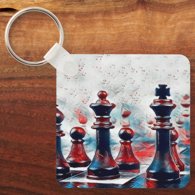 Red, White, Blue Chess Pieces King, Queen, Bishop Keychain (Front)