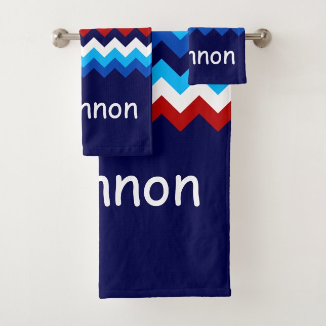 Red White Blue Chevrons Monogram Bath Towel Set (Insitu)