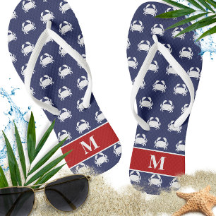 Red White Blue Crab Pattern Nautical Personalize Flip Flops