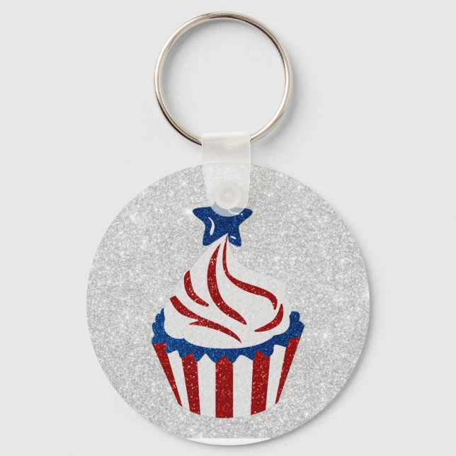 Red, White & Blue Cupcake July 4 Glitter Keychain (Front)