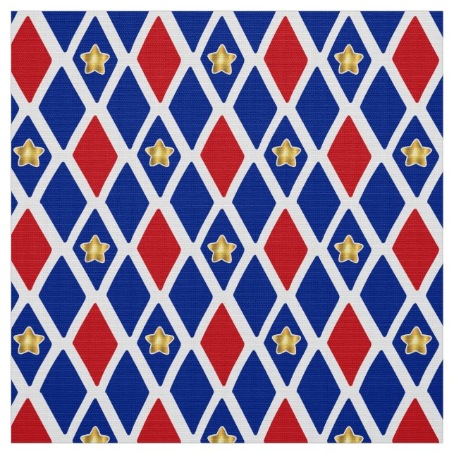 Red White Blue Diamond Gold Star Fabric (Swatch)