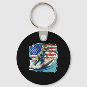 Red White Blue Dinosaur Surfing For Patriotic Juri Keychain