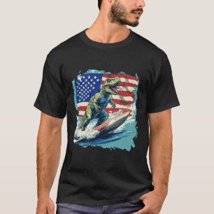 Red White Blue Dinosaur Surfing For Patriotic Juri T-Shirt