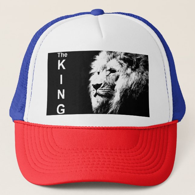 Red White Blue Elegant Modern Pop Art Lion Head Trucker Hat (Front)