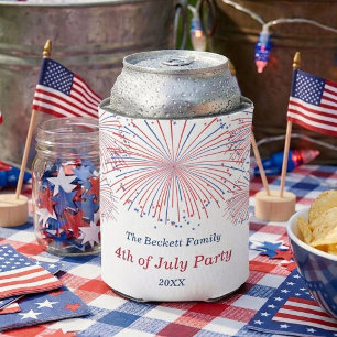 Red, White & Blue Fireworks 4th Of July Party Can Cooler