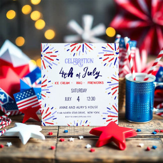 Red White Blue Fireworks 4th of July Summer Party Invitation