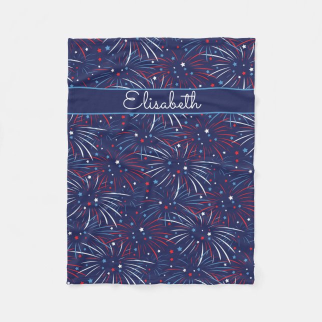 Red White Blue Fireworks Stars Add Name Fleece Blanket (Front)
