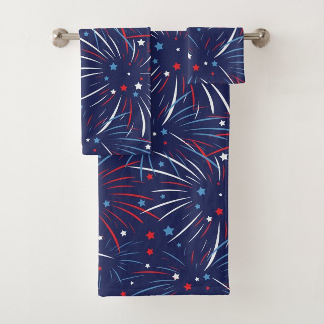 Red White Blue Fireworks Stars Bath Towel Set (Insitu)