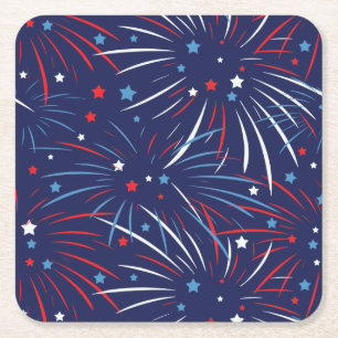 Red White Blue Fireworks Stars Square Paper Coaster
