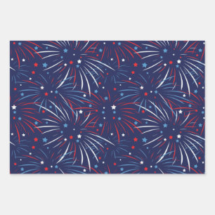 Red White Blue Fireworks Stars Wrapping Paper Sheet