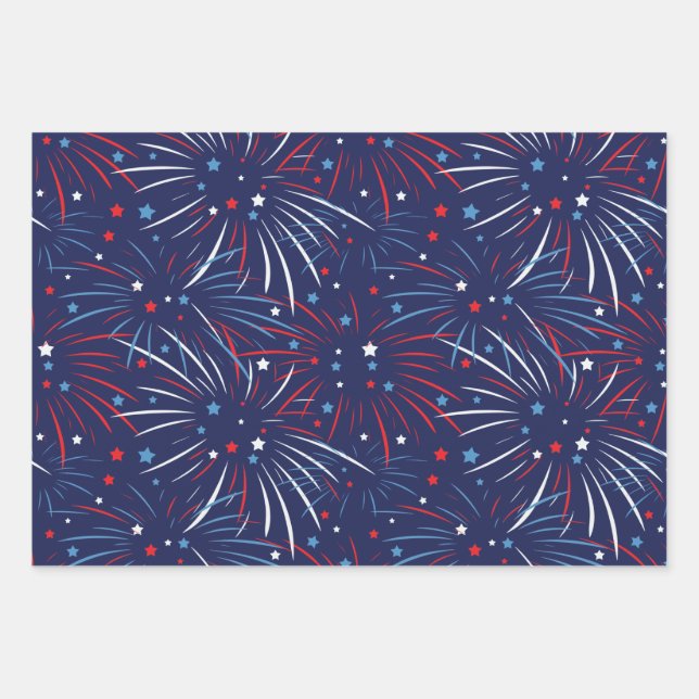 Red White Blue Fireworks Stars Wrapping Paper Sheet (Front)