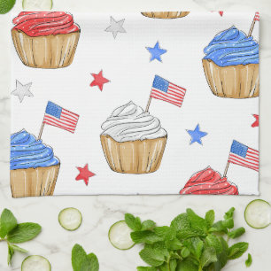 Red White Blue Flag Star Cupcakes Patriotic Kitchen Towel