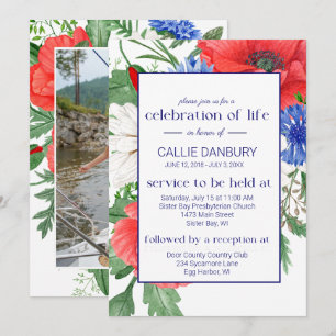Red White Blue Floral Funeral Celebration of Life Invitation