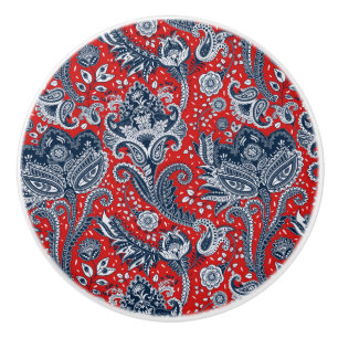 Red White & Blue Floral Paisley Bohemian Boho Ceramic Knob
