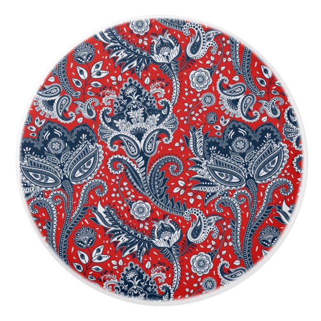 Red White & Blue Floral Paisley Bohemian Boho Ceramic Knob (Front)