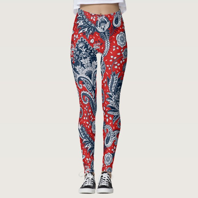 Red White & Blue Floral Paisley Bohemian Boho Leggings (Front)