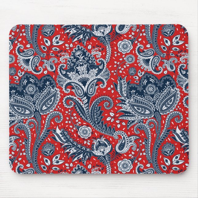 Red White & Blue Floral Paisley Bohemian Boho Mouse Pad (Front)