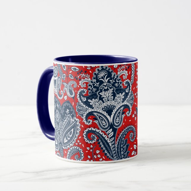 Red White & Blue Floral Paisley Bohemian Boho Mug (Front Left)